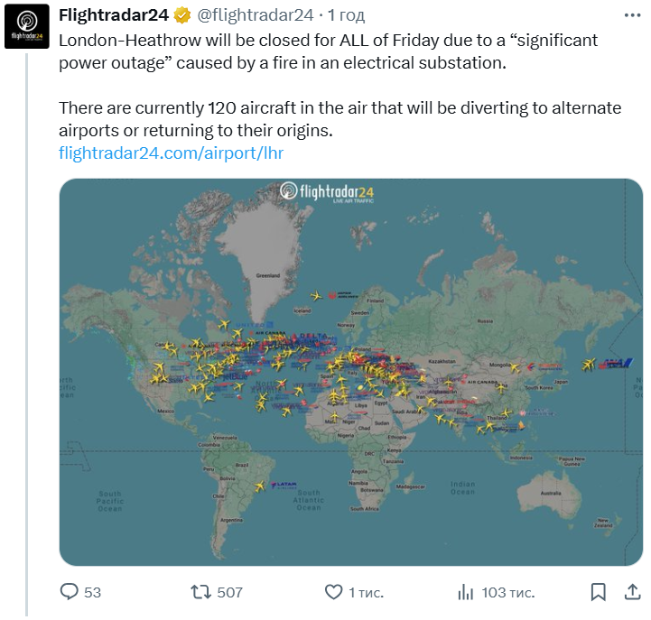 Найбільший аеропорт Британії закрили через сильну пожежу на електропідстанції